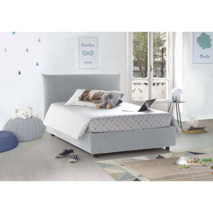 Letto piazza e mezza Creta, Letto contenitore con rivestimento in tessuto, 100% Made in Italy, Apertura frontale, con materasso Cm 120x190 incluso, Bianco