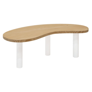 Mesa de centro de madera maciza formas orgánicas sobre en tono roble medio y patas tono blanco de varias medidas