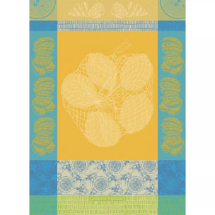 Torchon pur coton motif jacquard bleu jaune Filet de citrons soleil