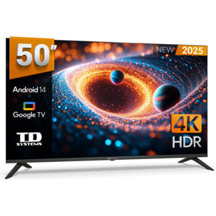 Smart TV 50 pulgadas 4K Hey Google Official Assistant con control por voz. Televisor Android 14 - TD Systems PRIME50C21GLE