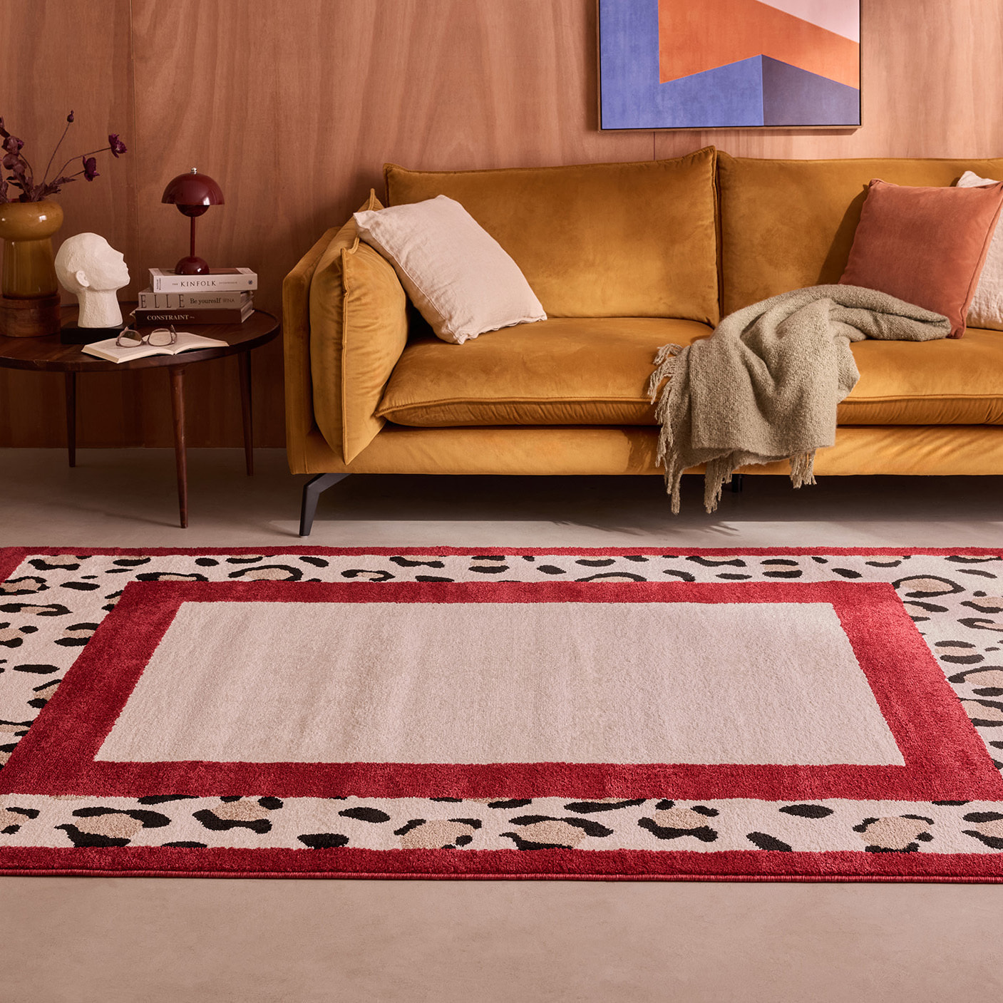 LEOVAH - Tapis de salon rouge à motif léopard