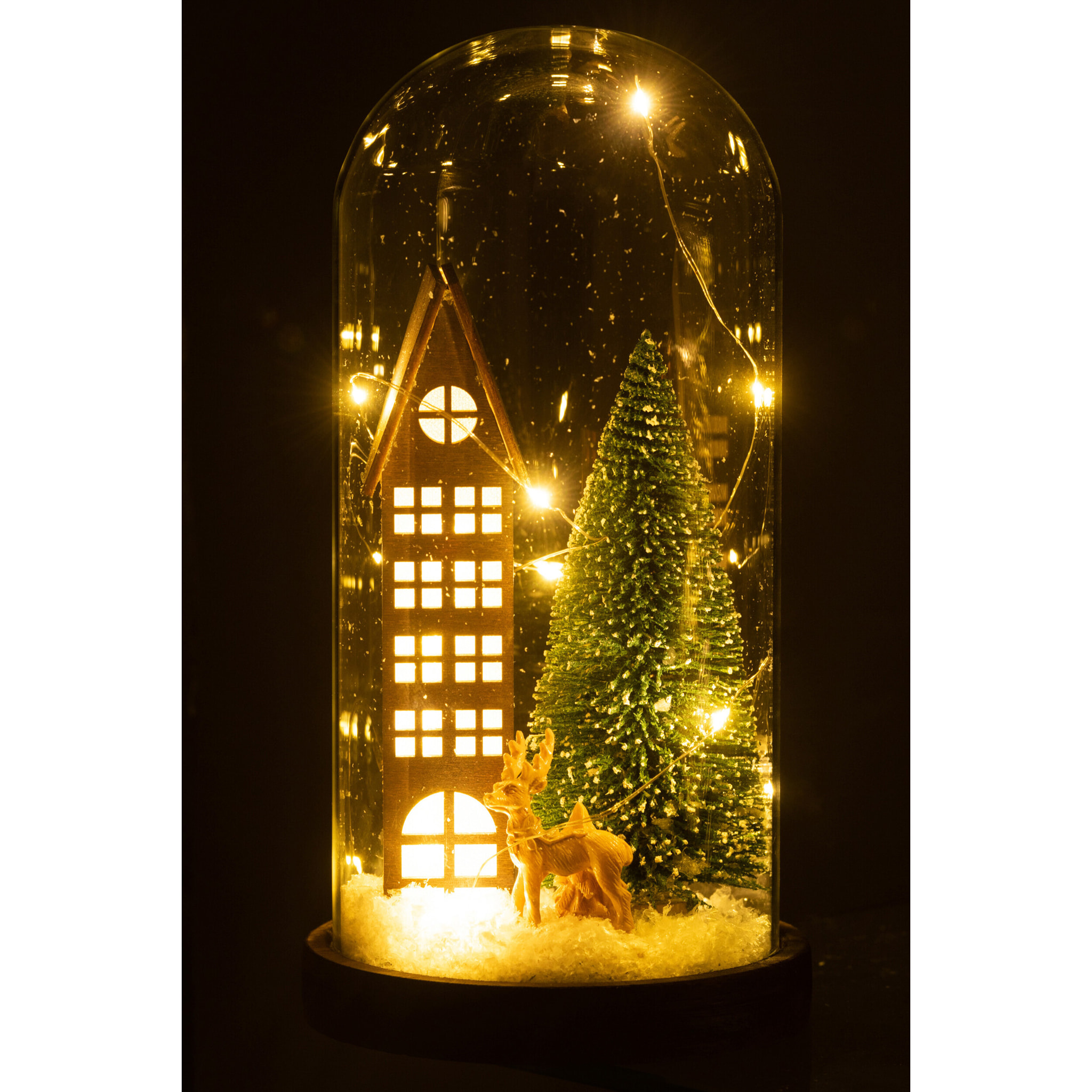 J-Line décoration Cloche Village de Noël - verre/bois - marron/vert - large - LED