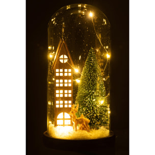 J-Line décoration Cloche Village de Noël - verre/bois - marron/vert - large - LED