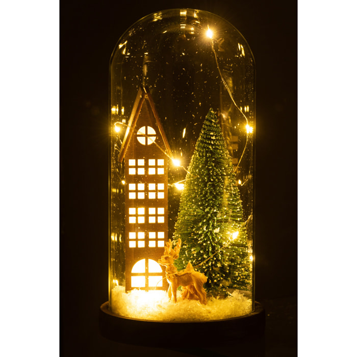 J-Line décoration Cloche Village de Noël - verre/bois - marron/vert - large - LED