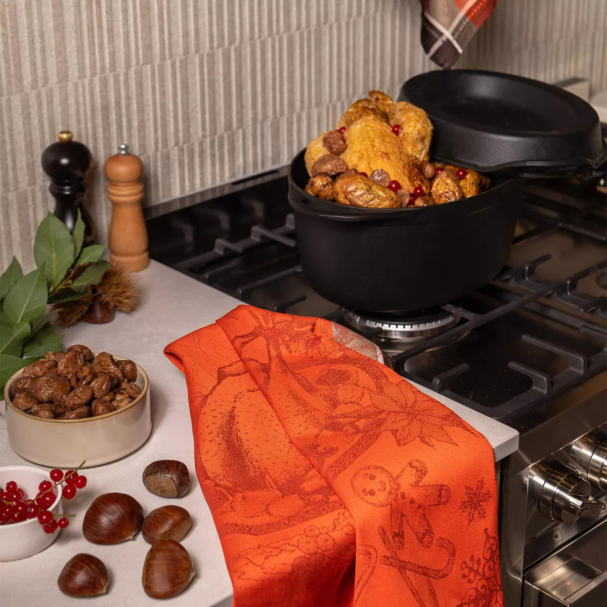 Torchon pur coton motif jacquard rouge marron Dinde de noel vermillon