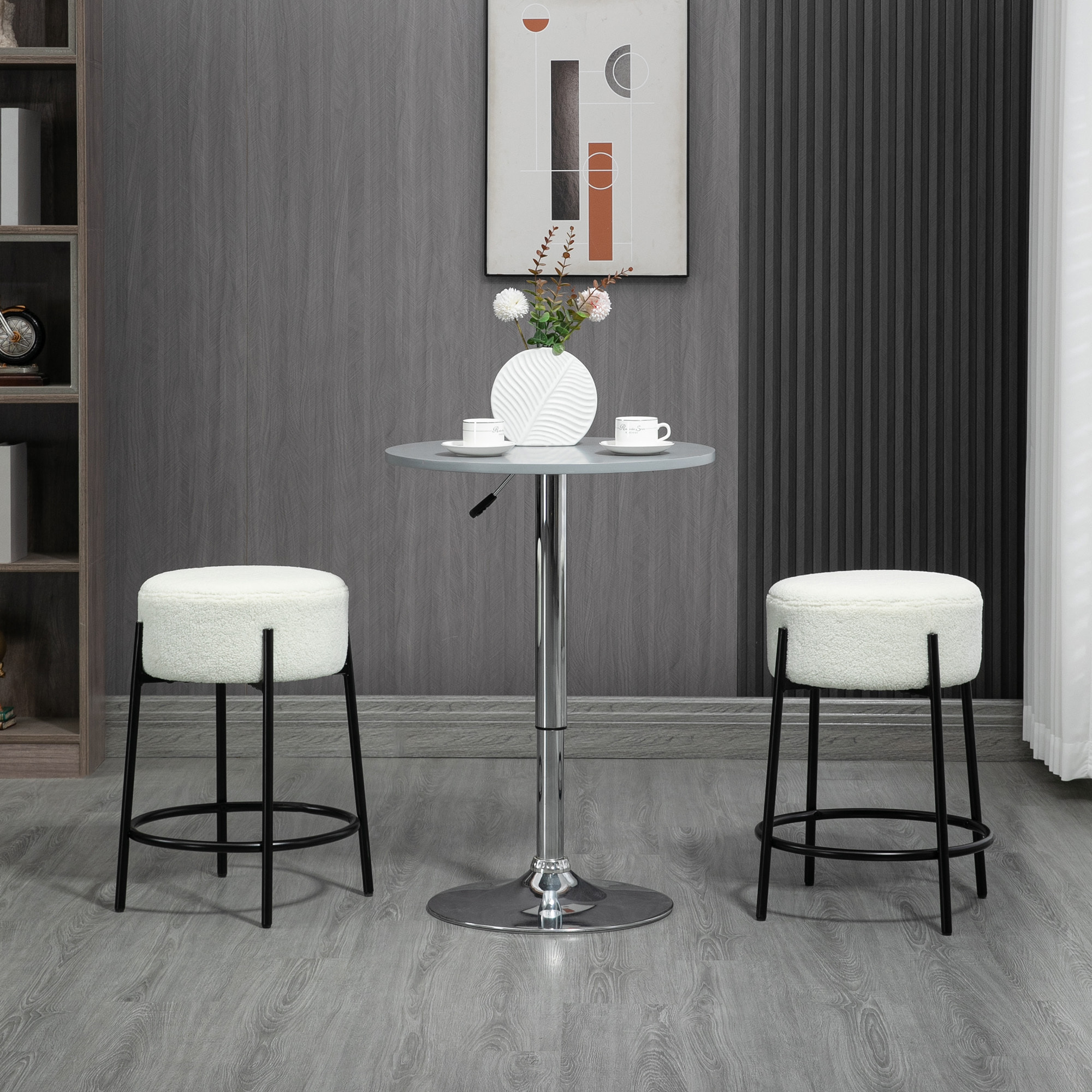 Lot de 2 tabourets de bar design - repose-pied - acier noir revêtement effet laine bouclée blanc