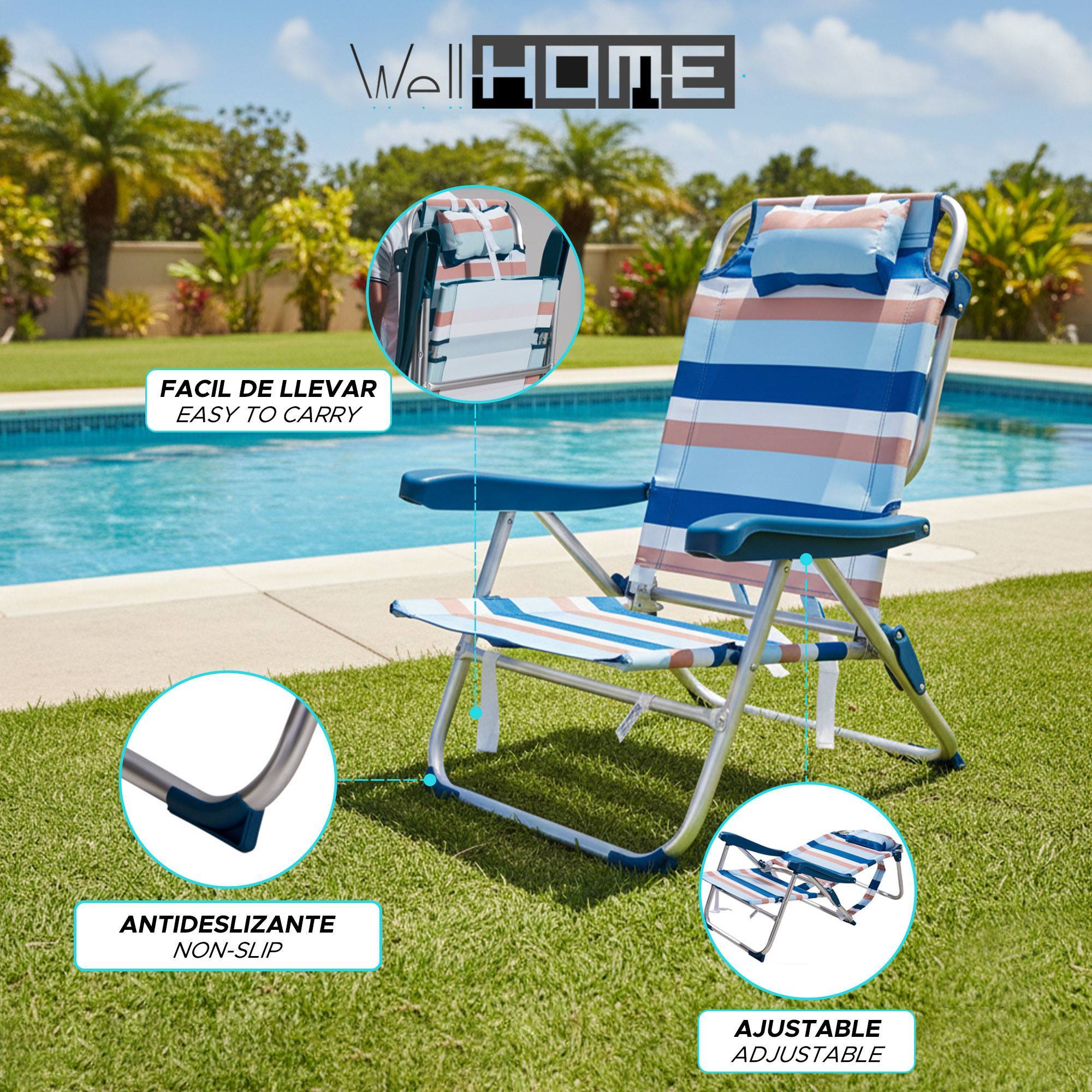 Well Home Silla plegable reclinable con almohada 64x63x32/82cm aluminio anodizado, rayas azules, tejido 600x300D hasta 110kg