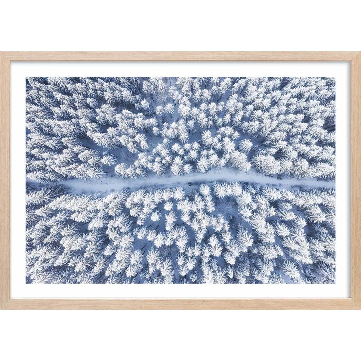 Affiche bleue de neige blanche Affiche + cadre en bois - Chêne