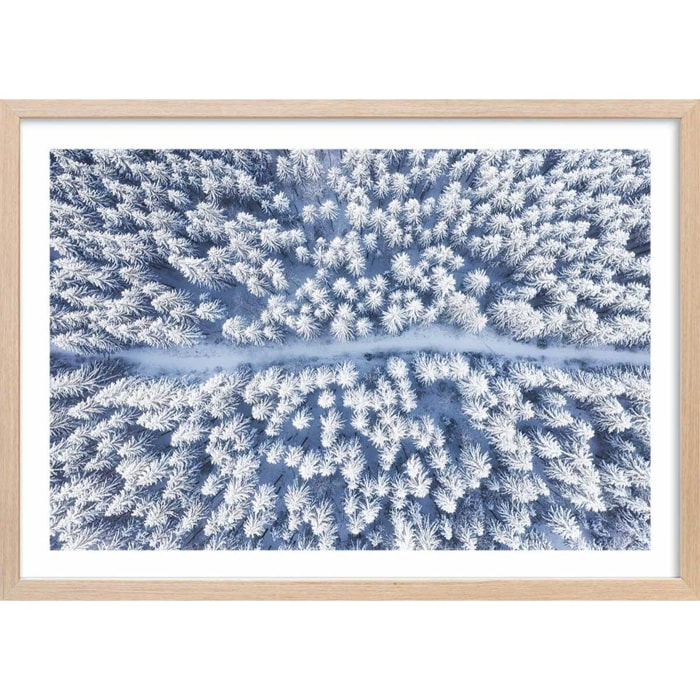 Affiche bleue de neige blanche Affiche + cadre en bois - Chêne