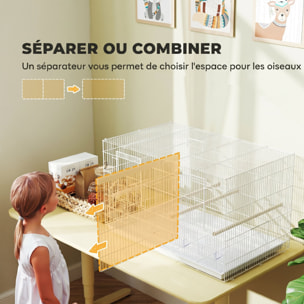 Cage à oiseaux volière acier avec séparateur - 4 perchoirs, mangeoires, portes, trappes, plateau déjection - blanc
