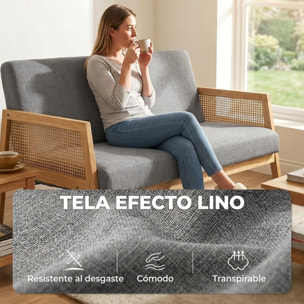 HOMCOM Sofá de 2 Plazas Tapizado en Lino Sintético con Detalles Ratán Sintético, Sofá Compacto Moderno con Estructura de Madera de Caucho, Carga 240 kg para Dormitorio, Salón, 115x77x77 cm, Gris Claro