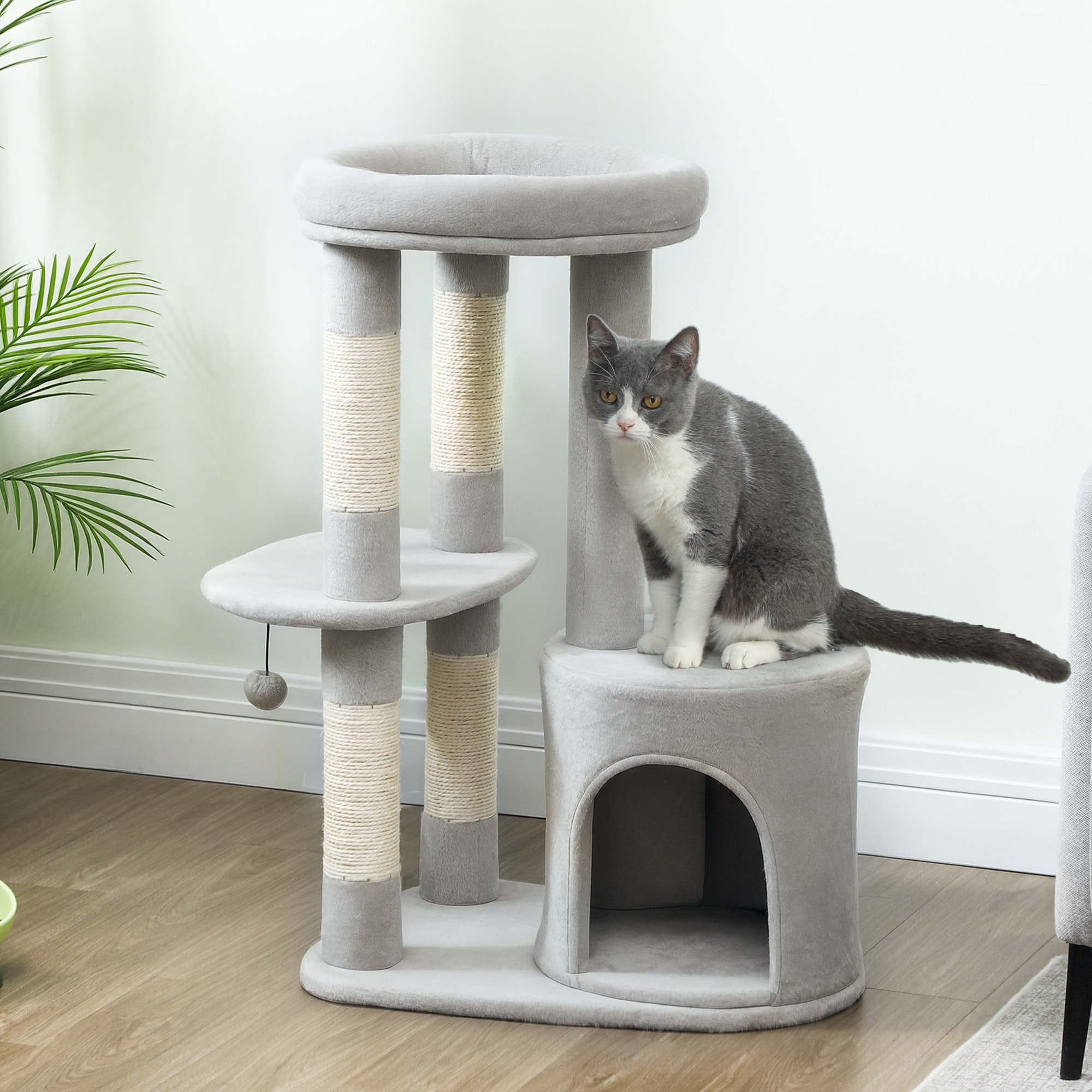 Arbre à chat design gris clair arrondi H.90cm niche 2 plateformes boule griffoirs
