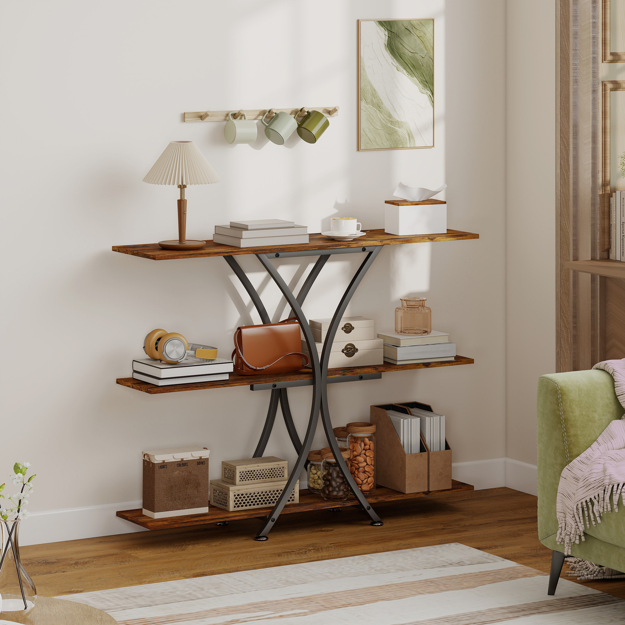 Mesa de Consola de 3 Niveles, Mesa de Sofá Industrial con 2 Estantes Abiertos y Marco Metálico en X, Consola para Recibidor Estrecha, para Salón, Pasillo, Entrada, Marrón Rústico