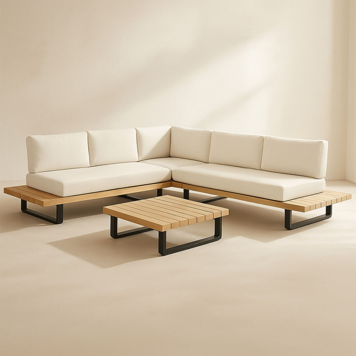 Salon de jardin en bois d'acacia et coussins beige 6 places DOURO