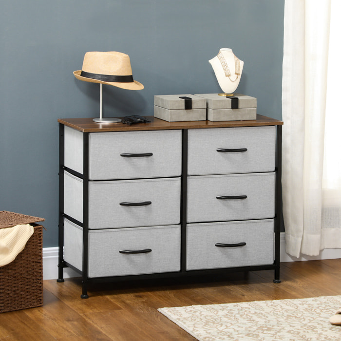 Commode meuble de rangement 6 tiroirs pliables châssis acier noir plateau aspect bois non tissé gris