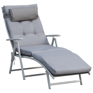 Tumbona Plegable Tumbona de Jardín con Respaldo Ajustable en 7 Posiciones con Cojín Cuerpo Entero y Cabeza para Terraza Piscina Carga 165 kg 137x63,5x100,5 cm Gris