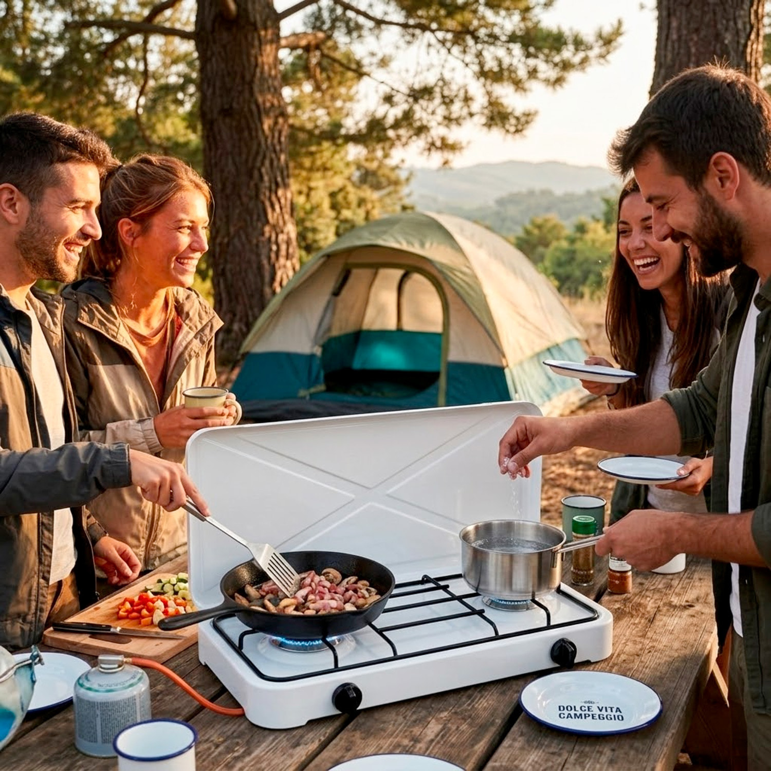 Fornello A Gas Portatile 2 Fuochi con Coperchio Piano Cottura Campeggio GPL Gas Naturale Fornello da Camping In Acciaio Con Griglie Bianco