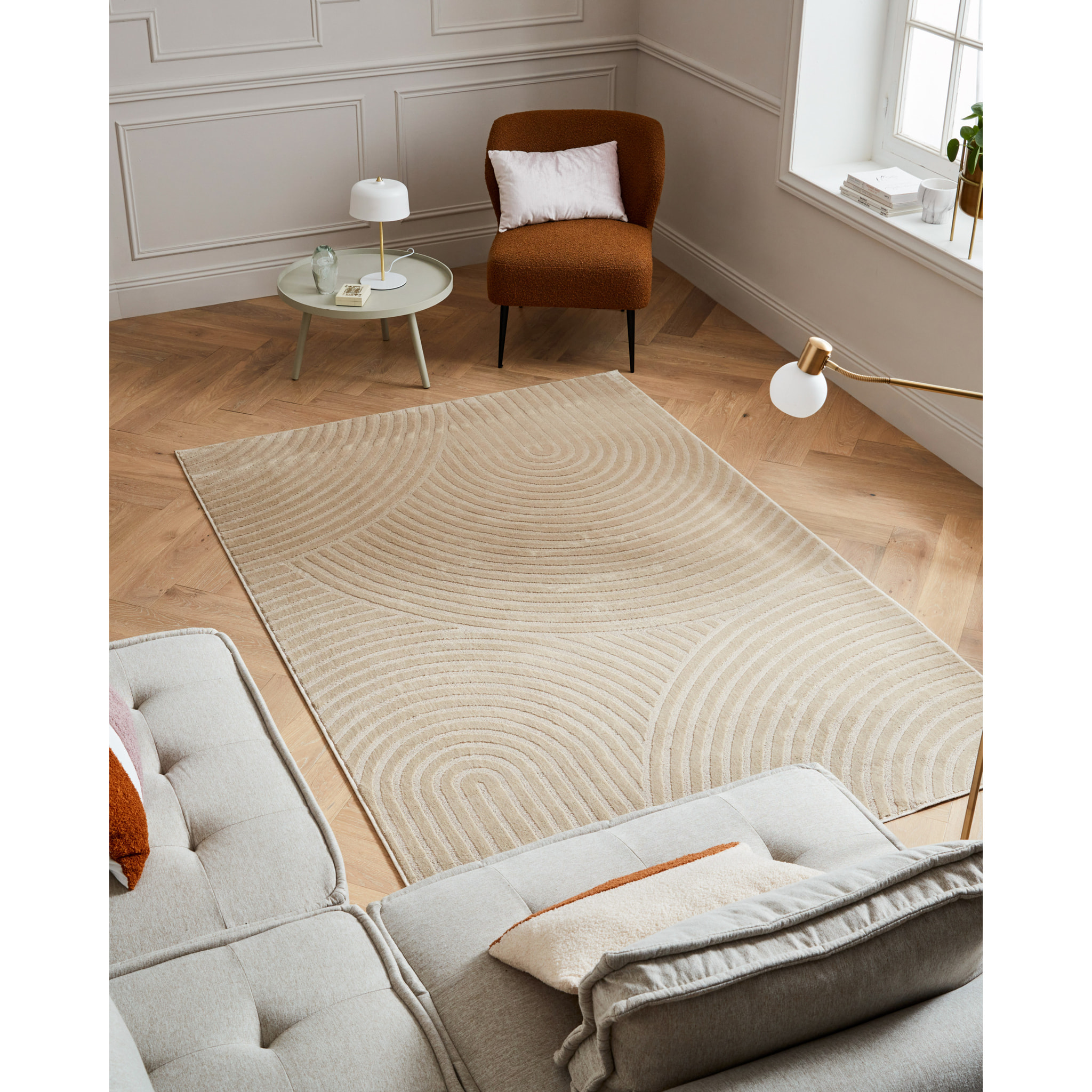 BLOOM - Tapis moderne poils ras motif arc en ciel en relief - Beige