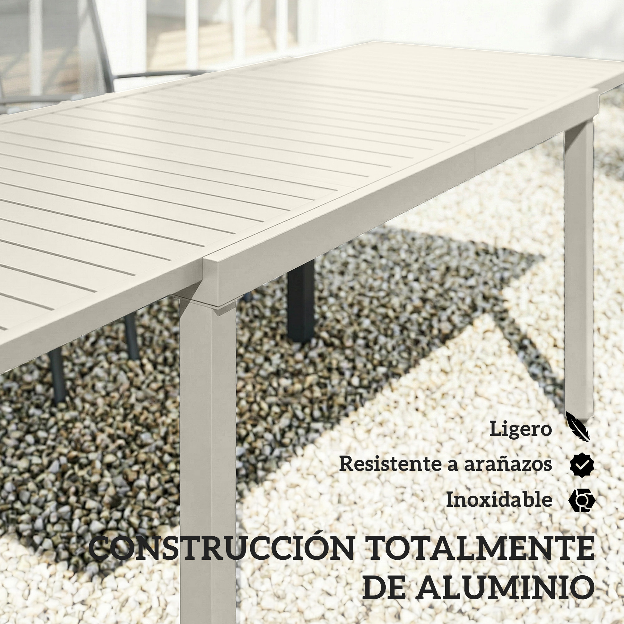 Mesa de Jardín Extensible 150/225x85x75 cm, Mesa de Comedor Exterior Extensible Rectangular de Aluminio, con Tablero de Listones para 6-8 Personas, para Patio, Terraza, Blanco