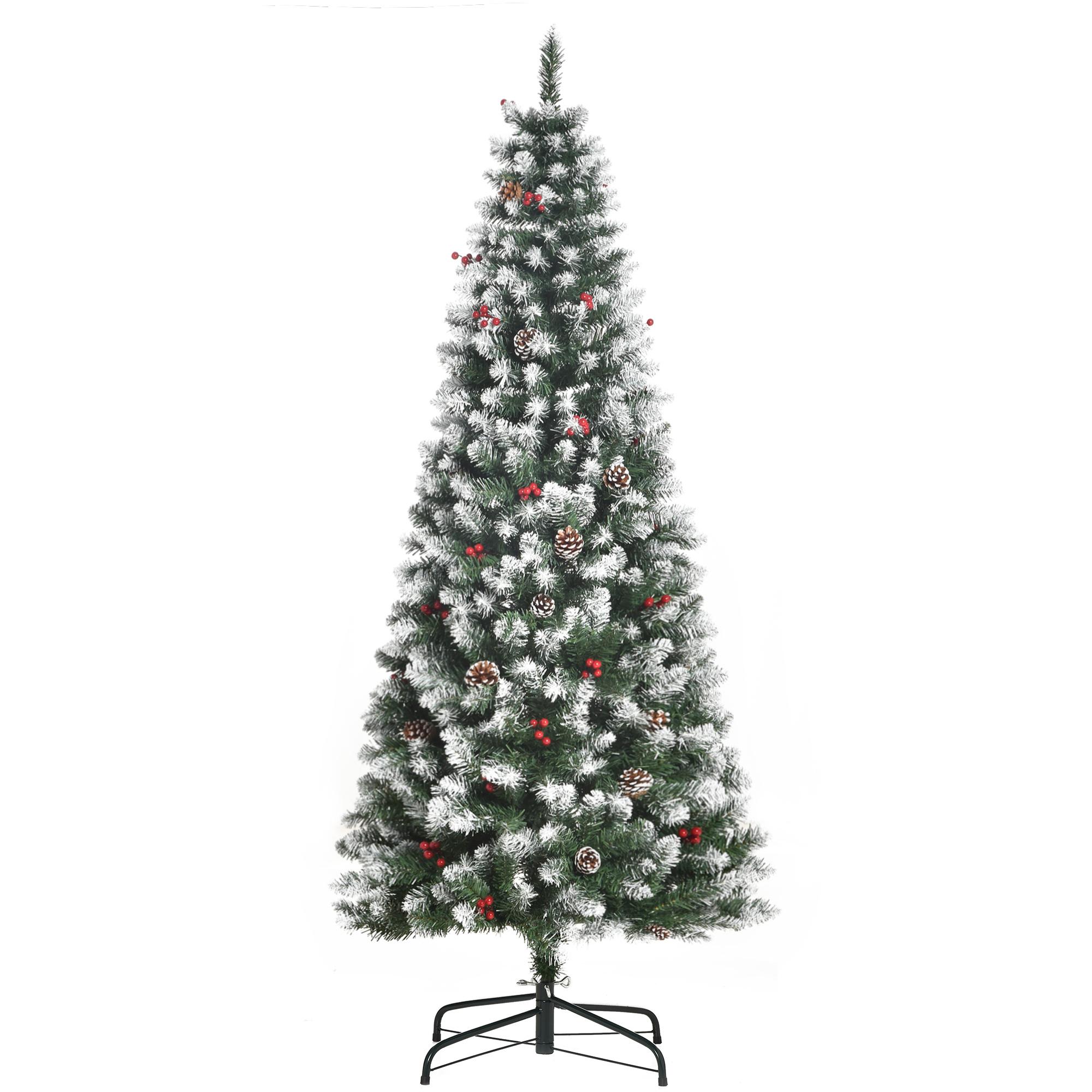 Árbol de Navidad Artificial Plegable 180 cm con Nieve Ignífugo con 618 Ramas 30 Bayas 34 Piñas Hojas de PVC Apertura Automática y Soporte Metálico Decoración Navideña para Interior Verde