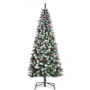 Árbol de Navidad Artificial Plegable 180 cm con Nieve Ignífugo con 618 Ramas 30 Bayas 34 Piñas Hojas de PVC Apertura Automática y Soporte Metálico Decoración Navideña para Interior Verde