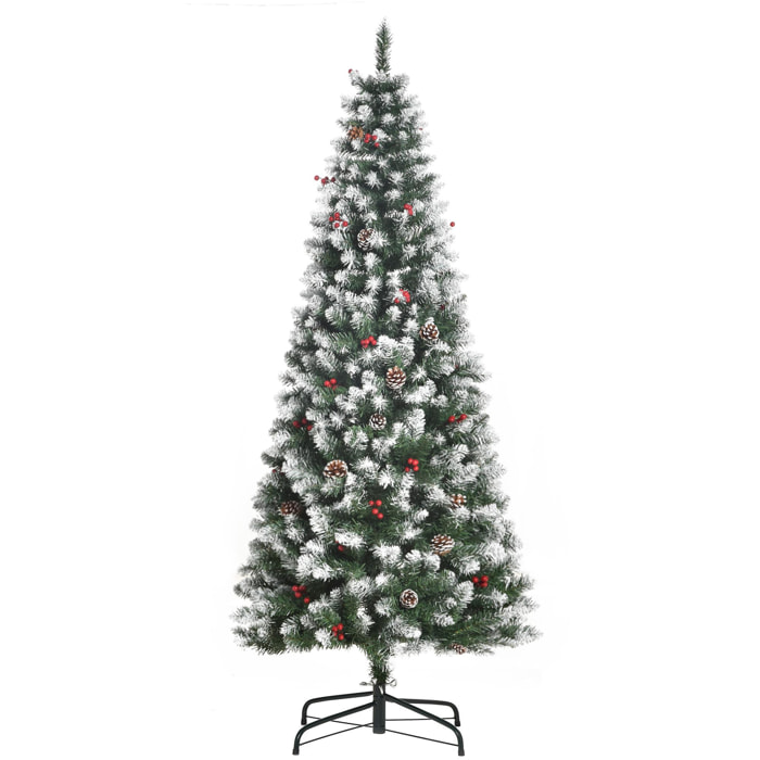 Árbol de Navidad Artificial Plegable 180 cm con Nieve Ignífugo con 618 Ramas 30 Bayas 34 Piñas Hojas de PVC Apertura Automática y Soporte Metálico Decoración Navideña para Interior Verde