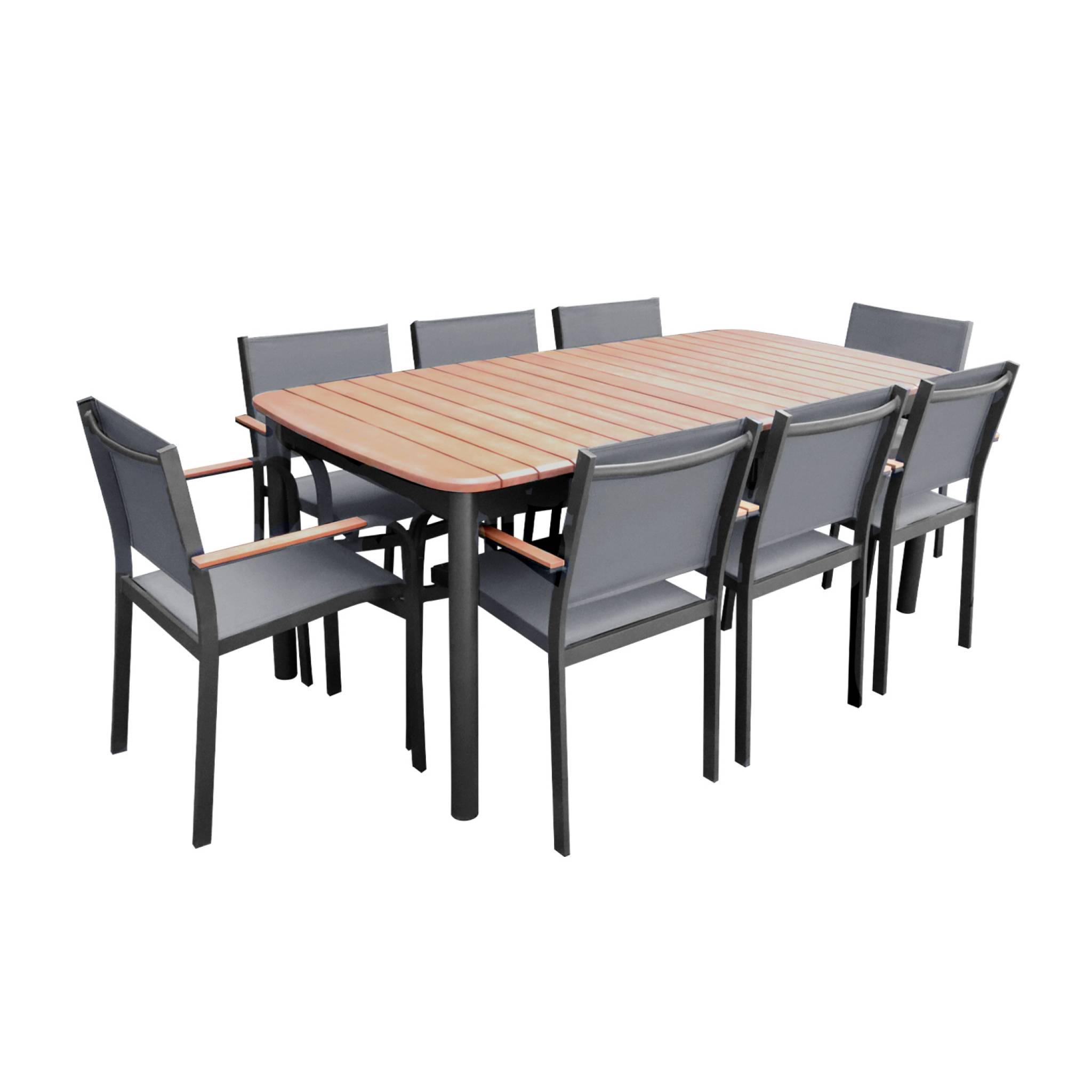Table de jardin bois d'eucalyptus et aluminium + 8 assises SAMANA 190/254.4 x 93.5 x 76cm + 8 fauteuils couleurs bois clair anthracite. bois d'eucalyptus