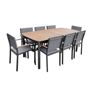 Table de jardin bois d'eucalyptus et aluminium + 8 assises SAMANA 190/254.4 x 93.5 x 76cm + 8 fauteuils couleurs bois clair anthracite. bois d'eucalyptus