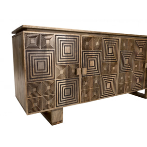 IRENE - Buffet bois Manguier 177x45cm 4 portes 2 étagères motifs noirs Goa