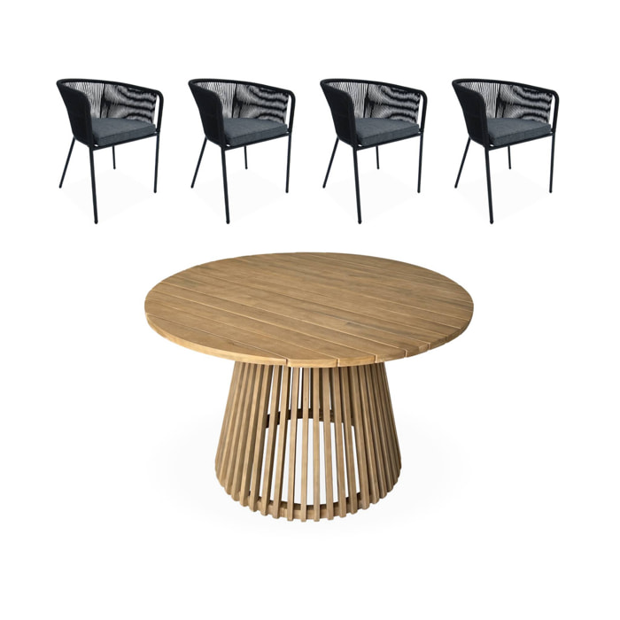 Table intérieur/extérieur bois d'acacia + 4 assises en corde noir et acier