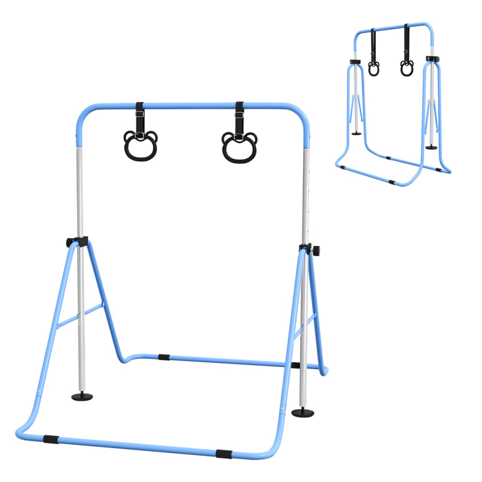 Barra de Gimnasia para Niños con Altura Ajustable en 5 Niveles y Anillos, Barra de Entrenamiento de Gimnasia Plegable en Casa, Azul