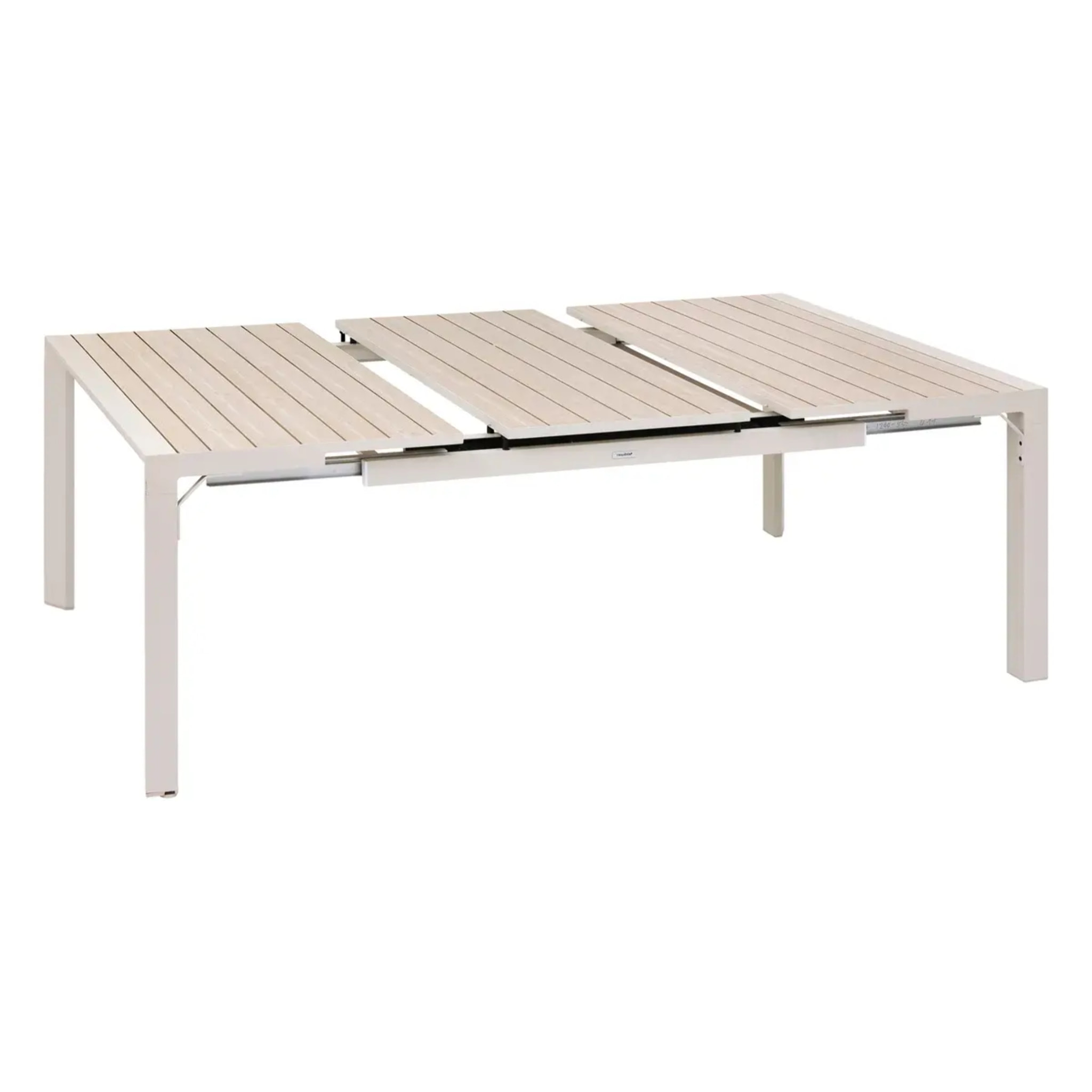Table de jardin extensible carrée "Évasion" en aluminium lin et blanc traité époxy 10 places