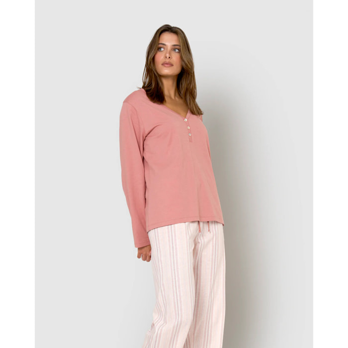 Pigiama lungo in cotone con scollo a v e fantasia a righe rosa