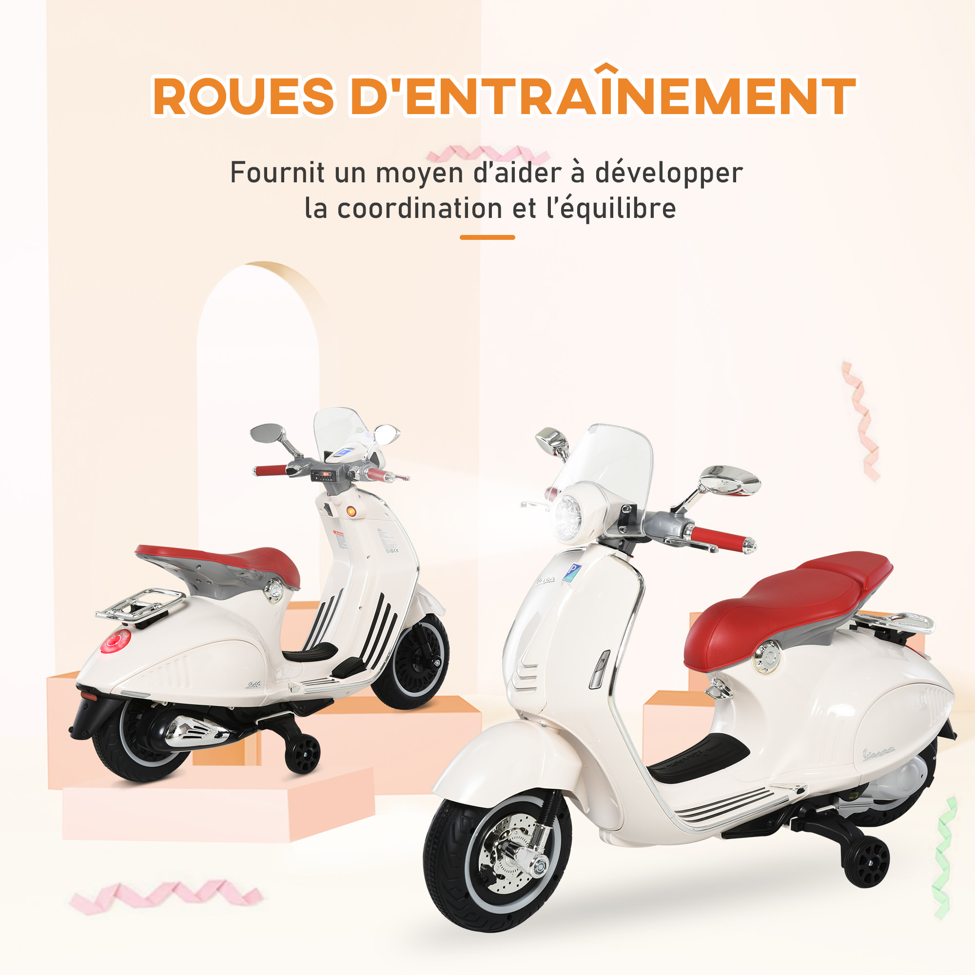 Scooter moto électrique enfant Vespa 6V 30W 2 roulettes auxiliaires effets sonores lumineux crème