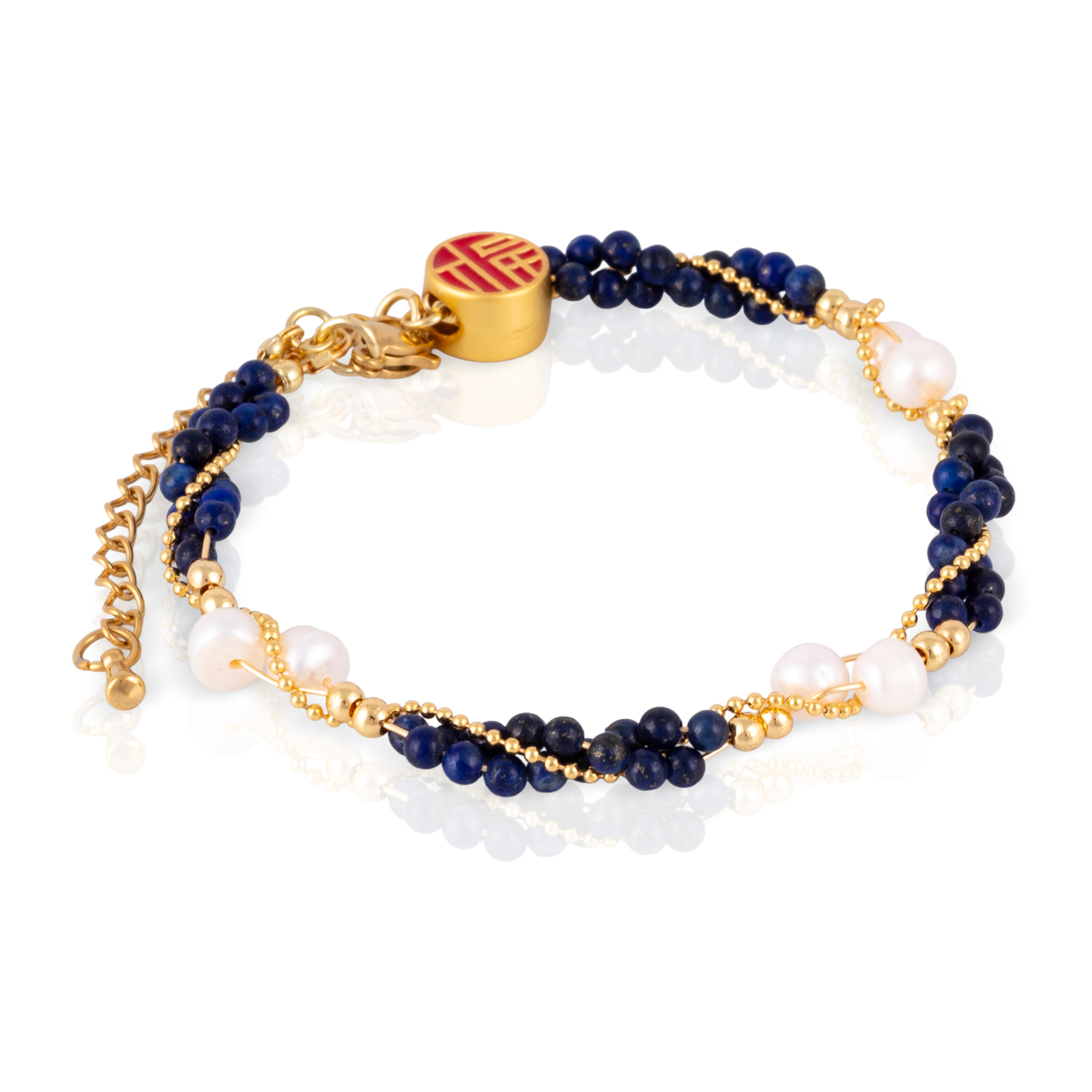 Pulsera de lapislázuli, perlas naturales y con el símbolo "福" (Fú) y cierre de mosquetón.