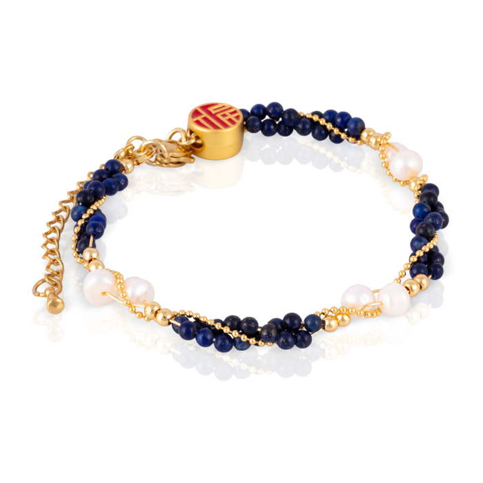 Pulsera de lapislázuli, perlas naturales y con el símbolo "福" (Fú) y cierre de mosquetón.