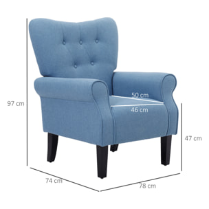 HOMCOM Butaca de Salón Tapizada en Tela Sillón Relax con Reposabrazos Asiento Acolchado y Patas de Madera Estilo Moderno para Dormitorio 78x74x97 cm Azul