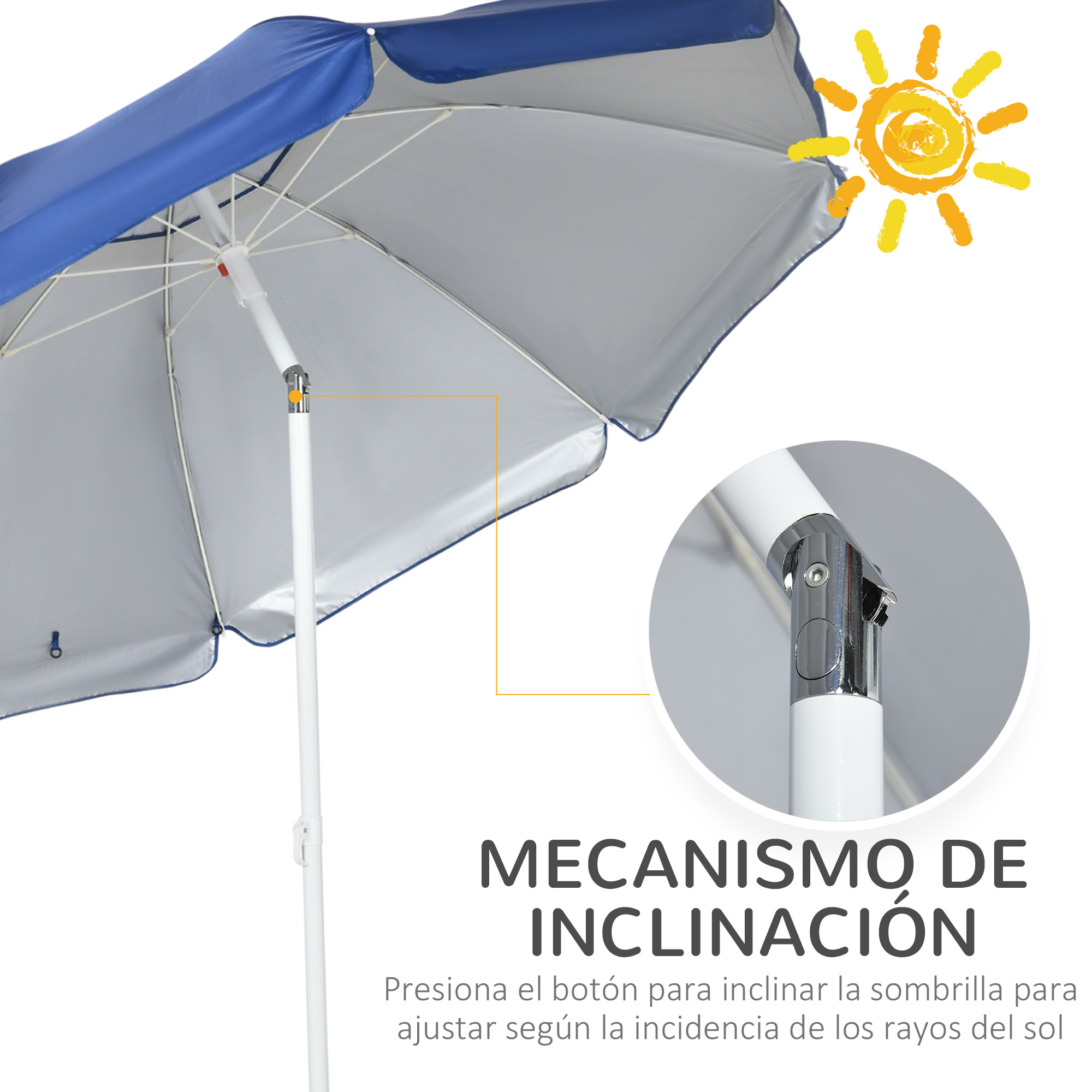 Sombrilla de Playa con Panel Lateral Ø191x211 cm Parasol para Terraza con Manivela Manual Techo Inclinable 2 Bolsillos y 2 Ventanas para Jardín Piscina Azul