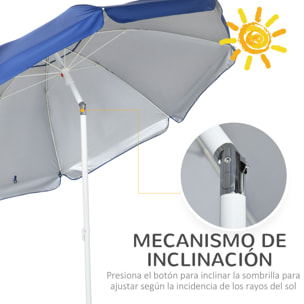 Sombrilla de Playa con Panel Lateral Ø191x211 cm Parasol para Terraza con Manivela Manual Techo Inclinable 2 Bolsillos y 2 Ventanas para Jardín Piscina Azul