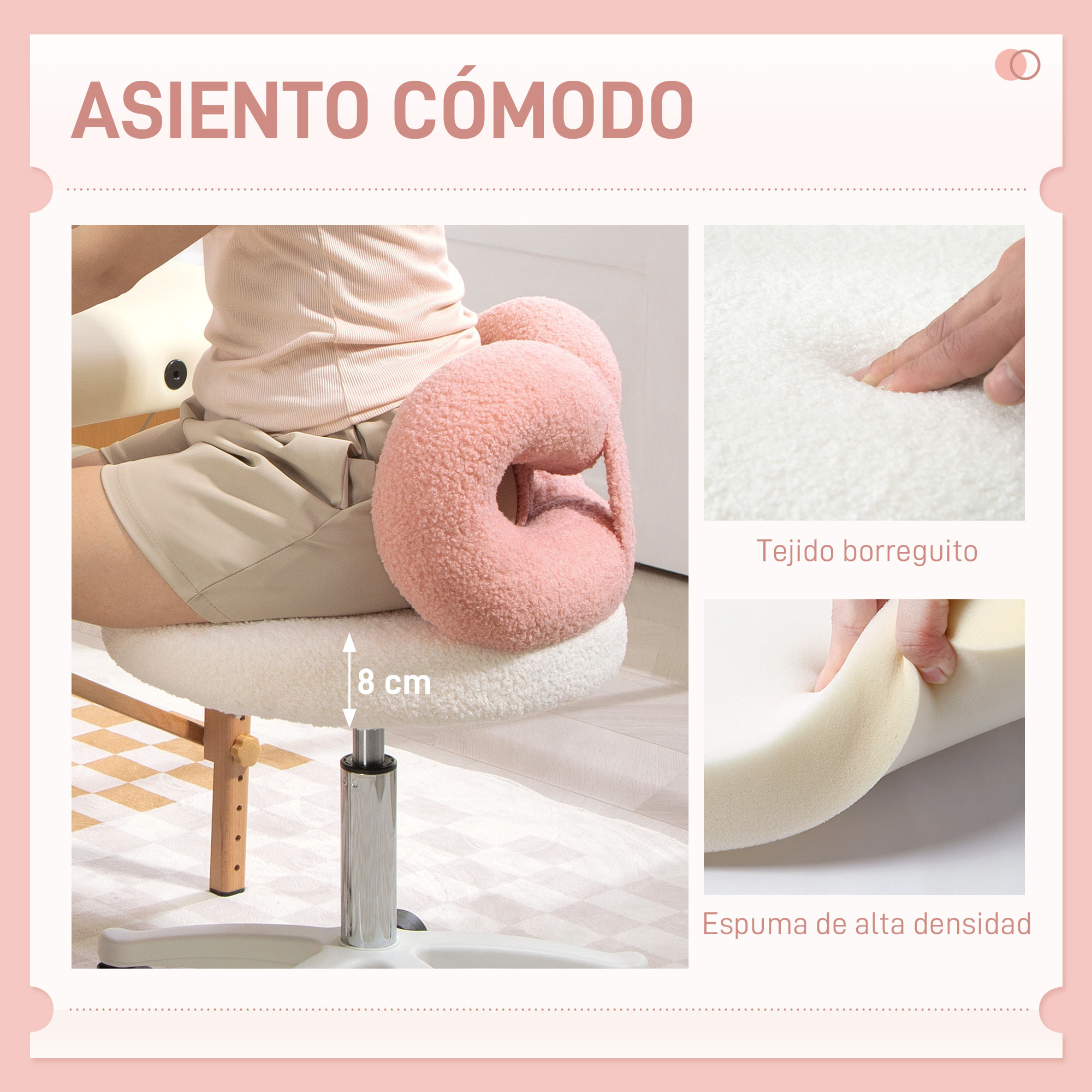 Taburete Giratorio con Respaldo Taburete con Ruedas Altura Regulable 63-77 cm Tapizado en Tejido de Borreguito para Salones Talleres Spa Masaje Blanco y Rosa