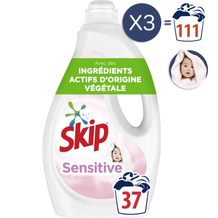 111 lavages - Lessive Liquide SKIP Sensitive Peaux Sensibles & Bébés (Lot de 3x37)