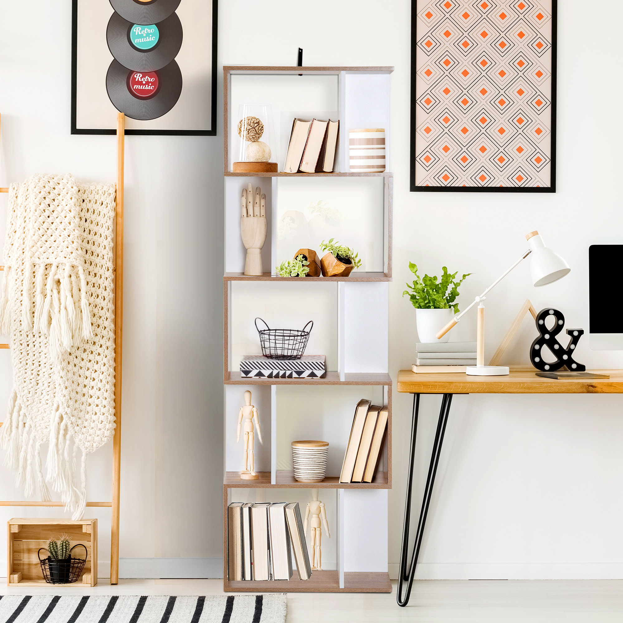 Bibliothèque étagère meuble de rangement design contemporain en S 5 étagères 60L x 24l x 185H cm effet chêne blanc