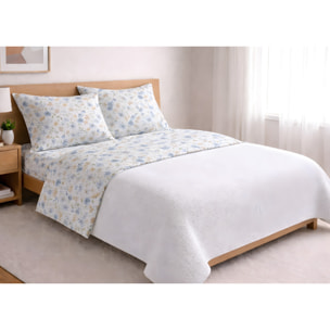Completo Lenzuola 100% Cotone Made in Italy Fantasia Floreale Disegno Primavera Azzurro