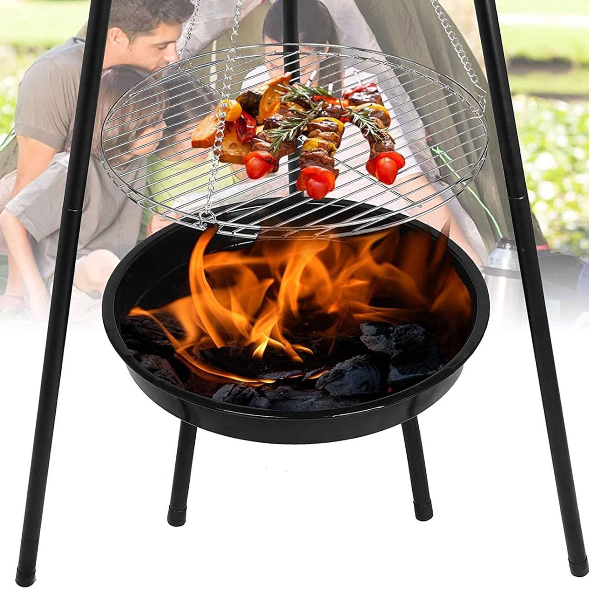 Well home trípode bbq con cadena y parrilla en acero