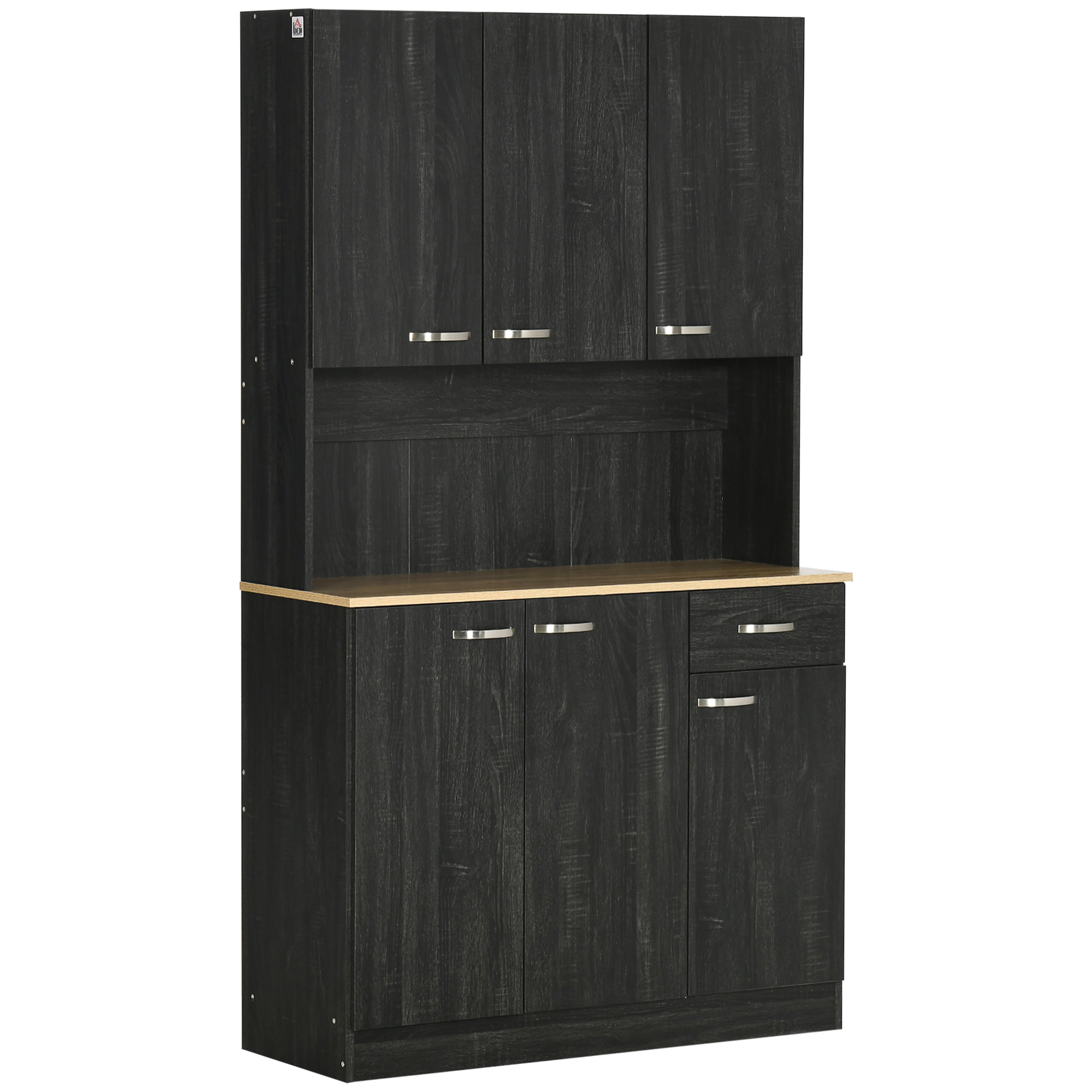 Alacena de Cocina Mueble Auxiliar de Cocina Alta con 6 Puertas Cajón Encimera Abierta y Estantes Ajustables Estilo Moderno Negro Veteado 101x39x180 cm
