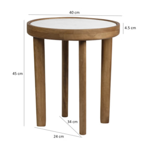 Table basse ronde 40 cm en marbre blanc et bois de manguier - MAYA