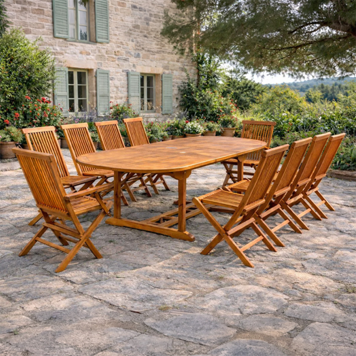 Table de jardin ovale 8 chaises et 2 fauteuils en teck huilé NARRA