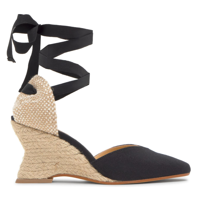 Alpargata Jud cuña de yute geométrica en lino con lazo, escote en V y punta afilada