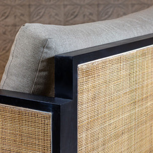Canapé 3 places en tissu taupe structure en rotin et bois  TONKIN