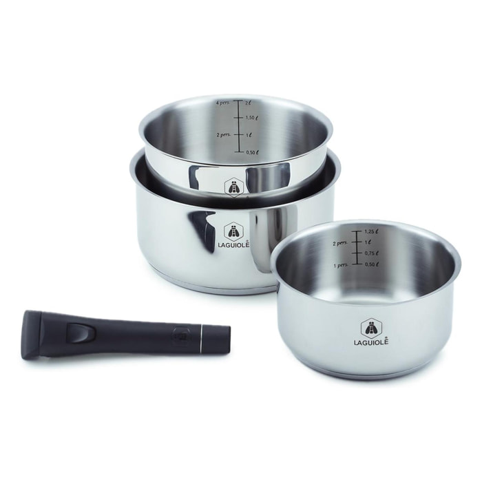 Set de 3 casseroles inox amovible     - "Réactif"